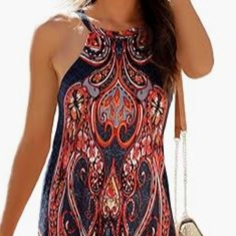 LASCANA Blue & Red Patterned High Neck Dress Sundress NWT Misses Size 8